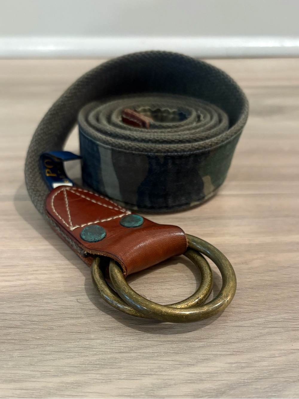 Polo by Ralph Lauren Camouflage Canvas Belt with Brown Leather and Brass D-Rings